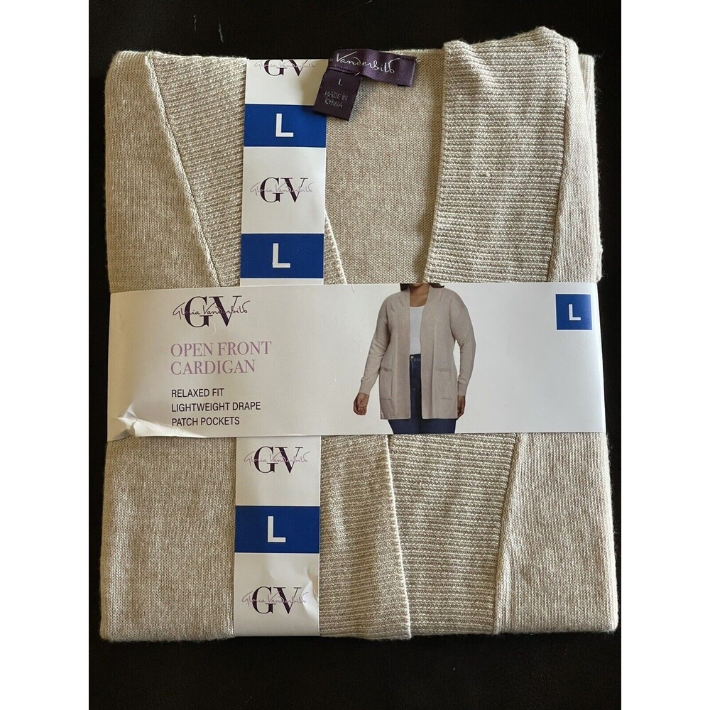 Women's Gloria Vanderbilt Open Front Cardigan Size L Beige NEW Patch Pockets